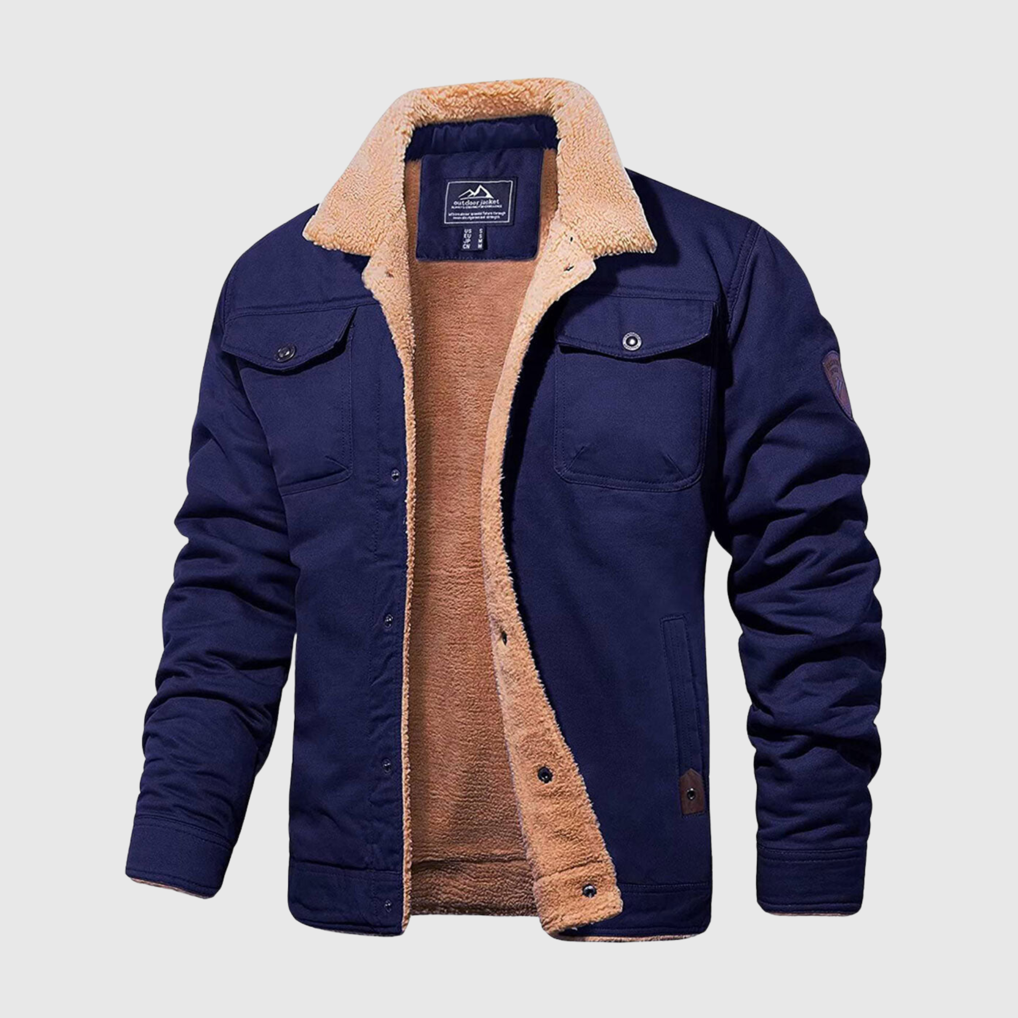 Casaco de lã Sherpa para homem, forrado, com botões de pressão e bolsos no peito