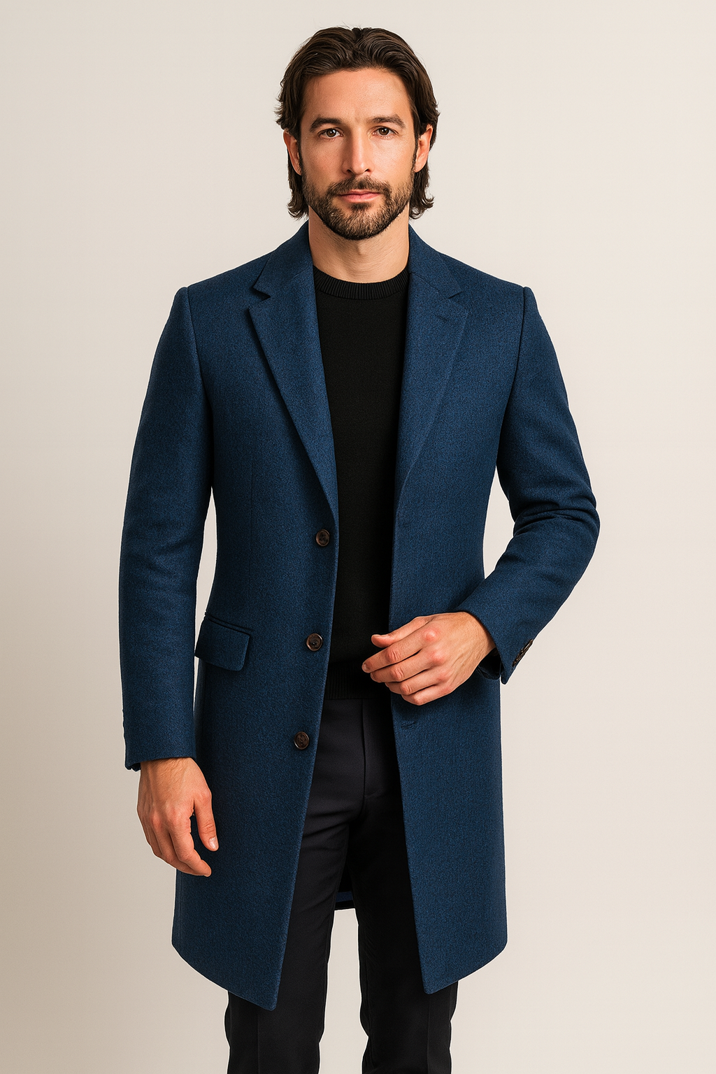 Elegante cappotto lungo da uomo con colletto classico e chiusura con bottoni