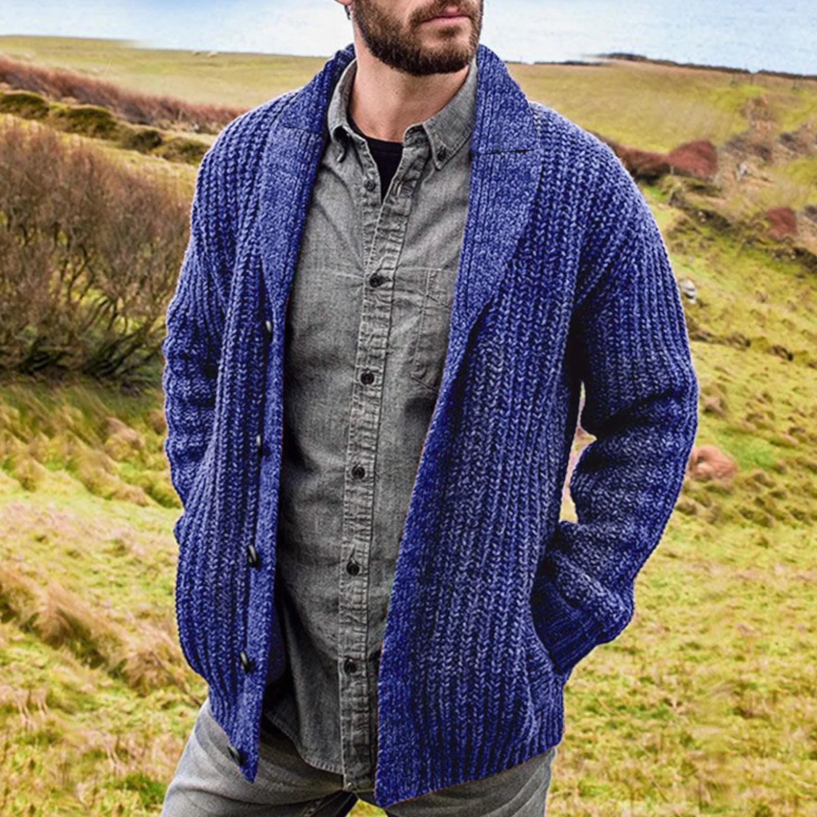 Cardigan homme robuste en maille avec col châle et boutons