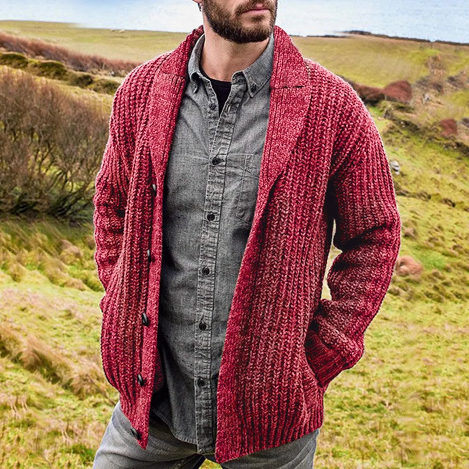 Cardigan homme robuste en maille avec col châle et boutons
