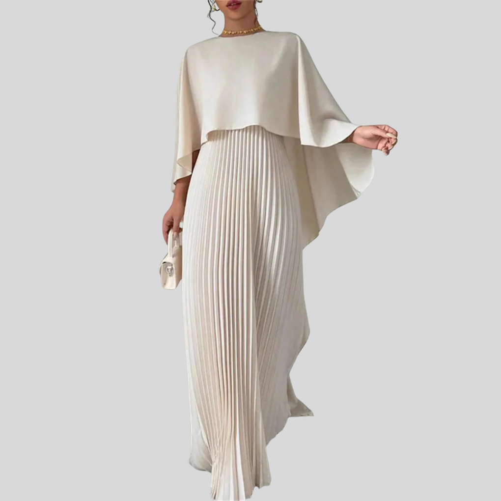 Lang plisseret maxikjole med elegant cape til kvinder