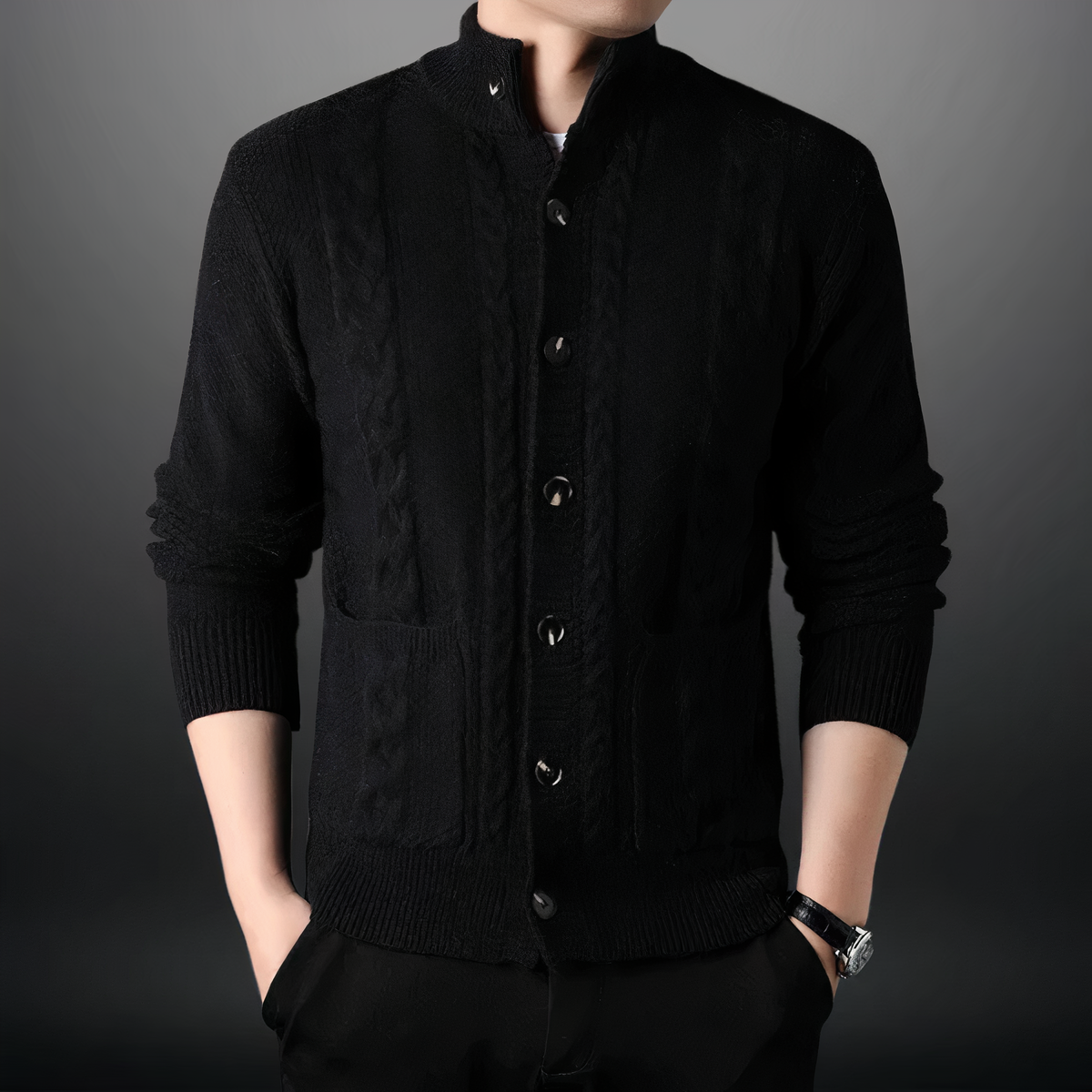 Cárdigan de hombre con diseño de ochos y cuello alto