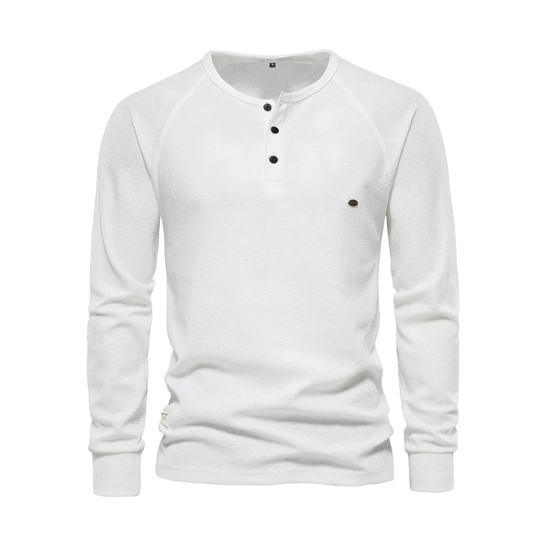 Camisola Henley de homem com mangas compridas, botões, casual e básica para streetwear
