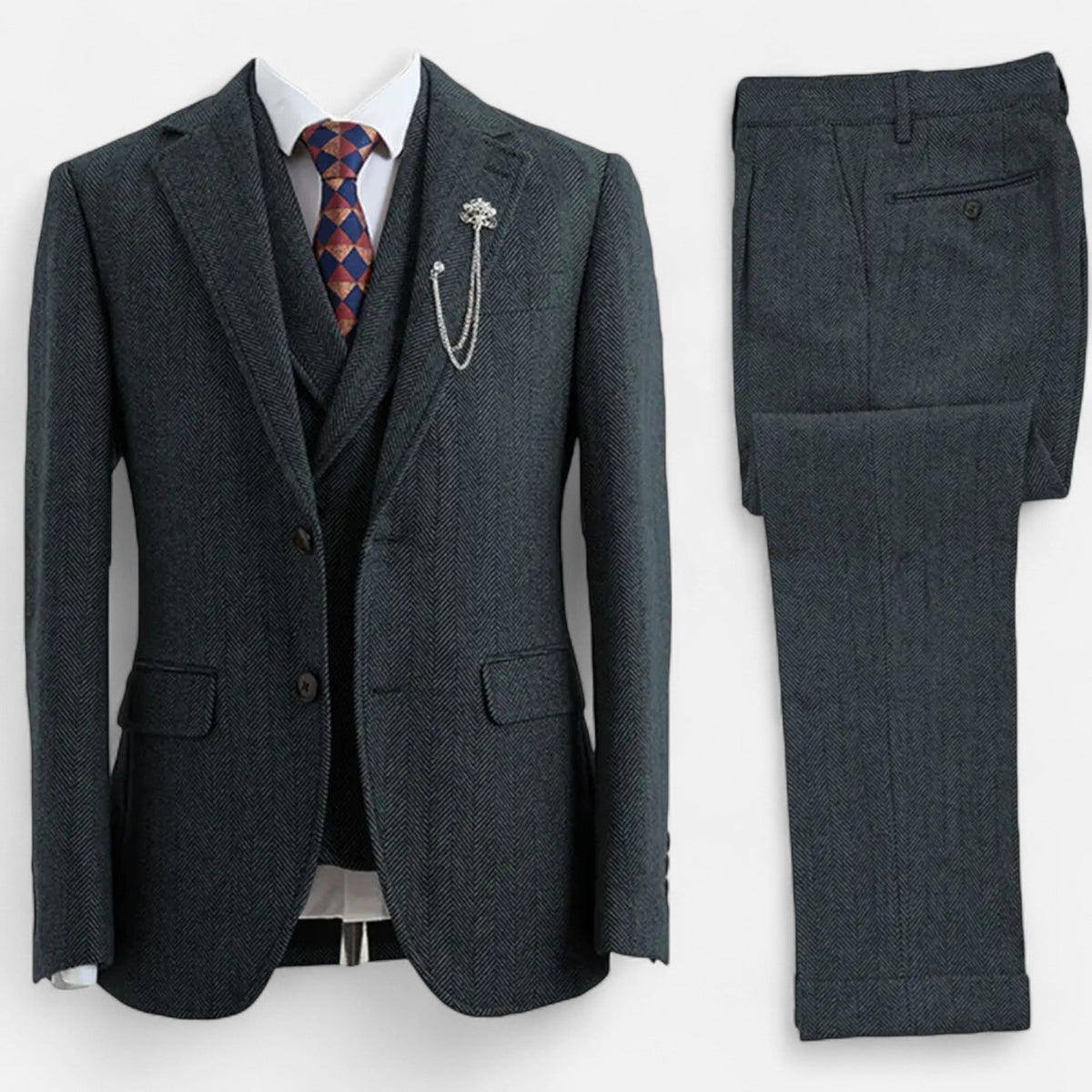 Costume classique trois pièces en tweed à motif chevrons pour homme