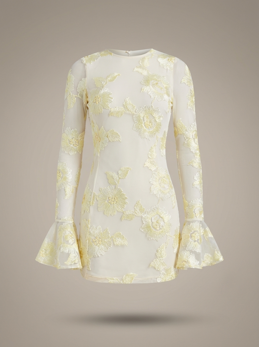 Mini Kleid Damen Eng Anliegend Blumenmuster Glockenärmel Festlich