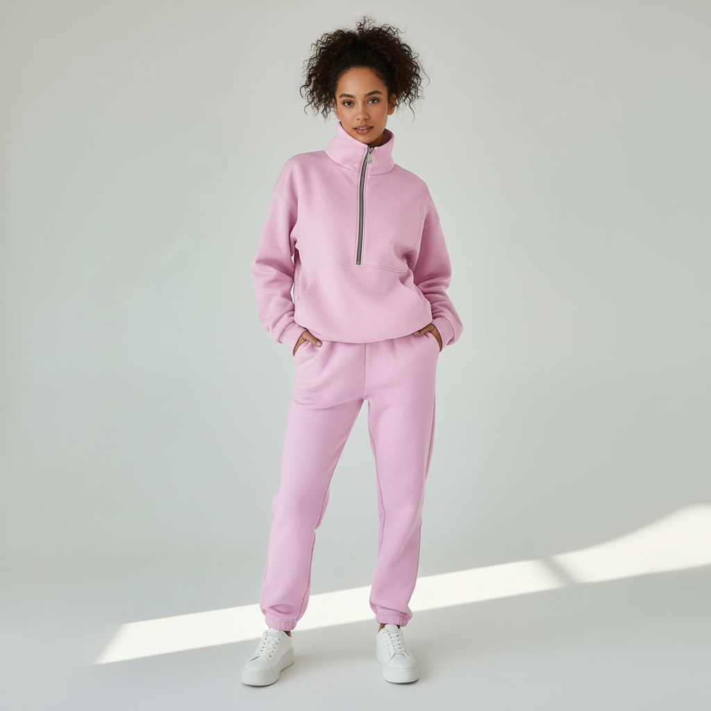 Sportset Damen Regular Fit Pullover mit Halbreißverschluss Hose Freizeit