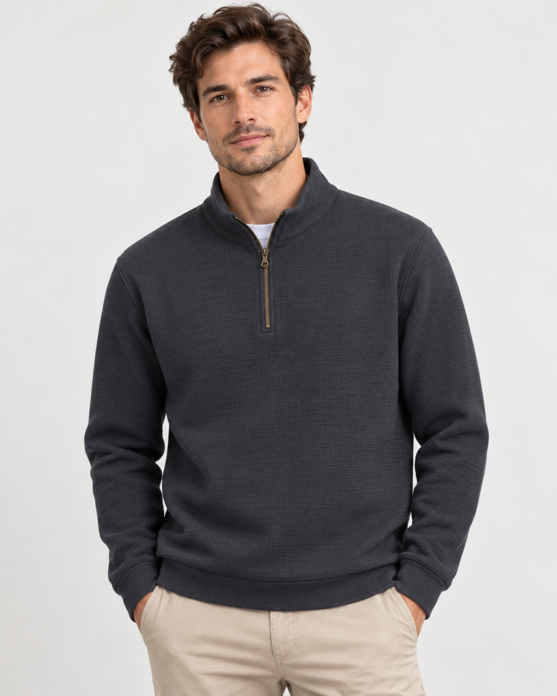 Pull demi-zip homme col rond décontracté superposition
