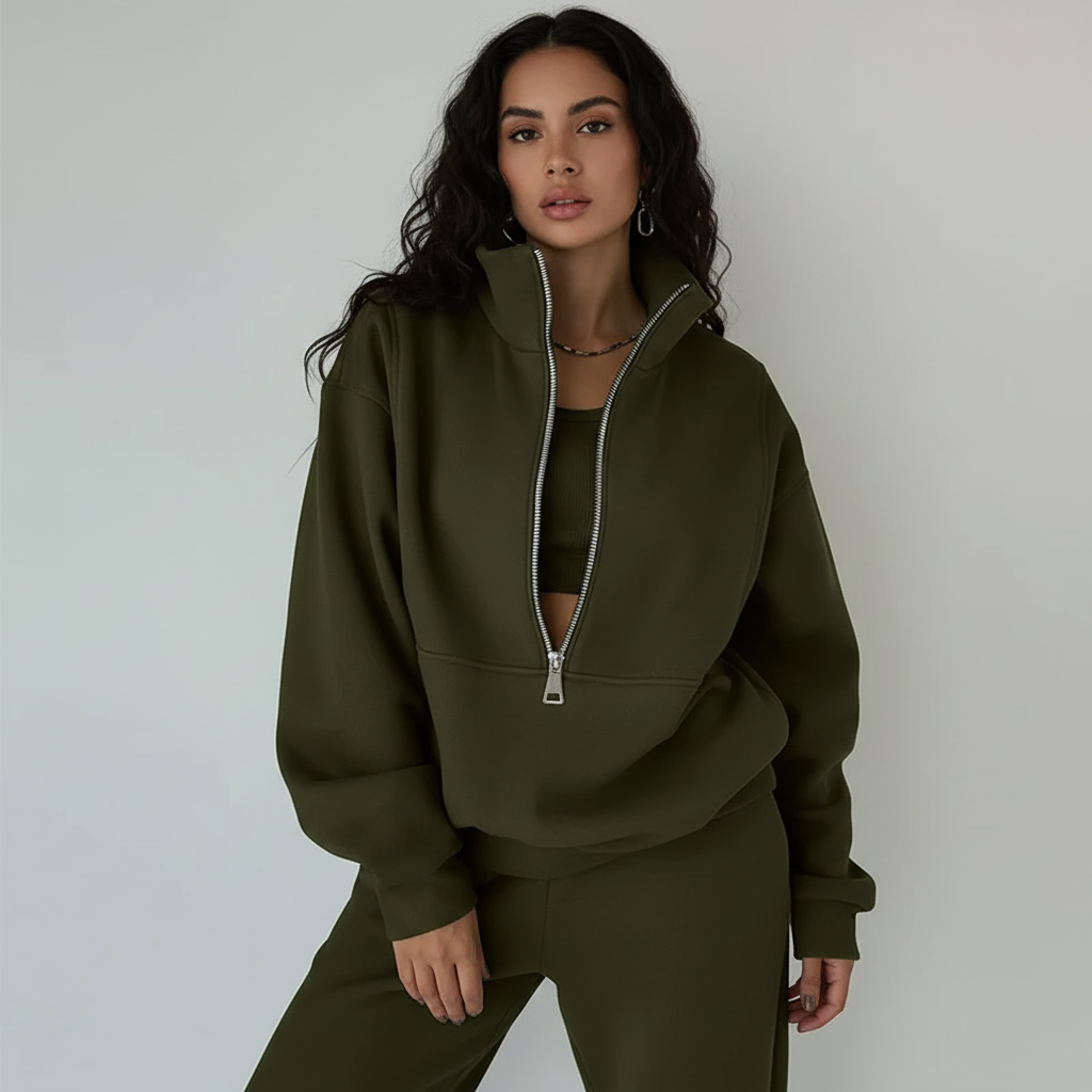 Sportset Damen Regular Fit Pullover mit Halbreißverschluss Hose Freizeit