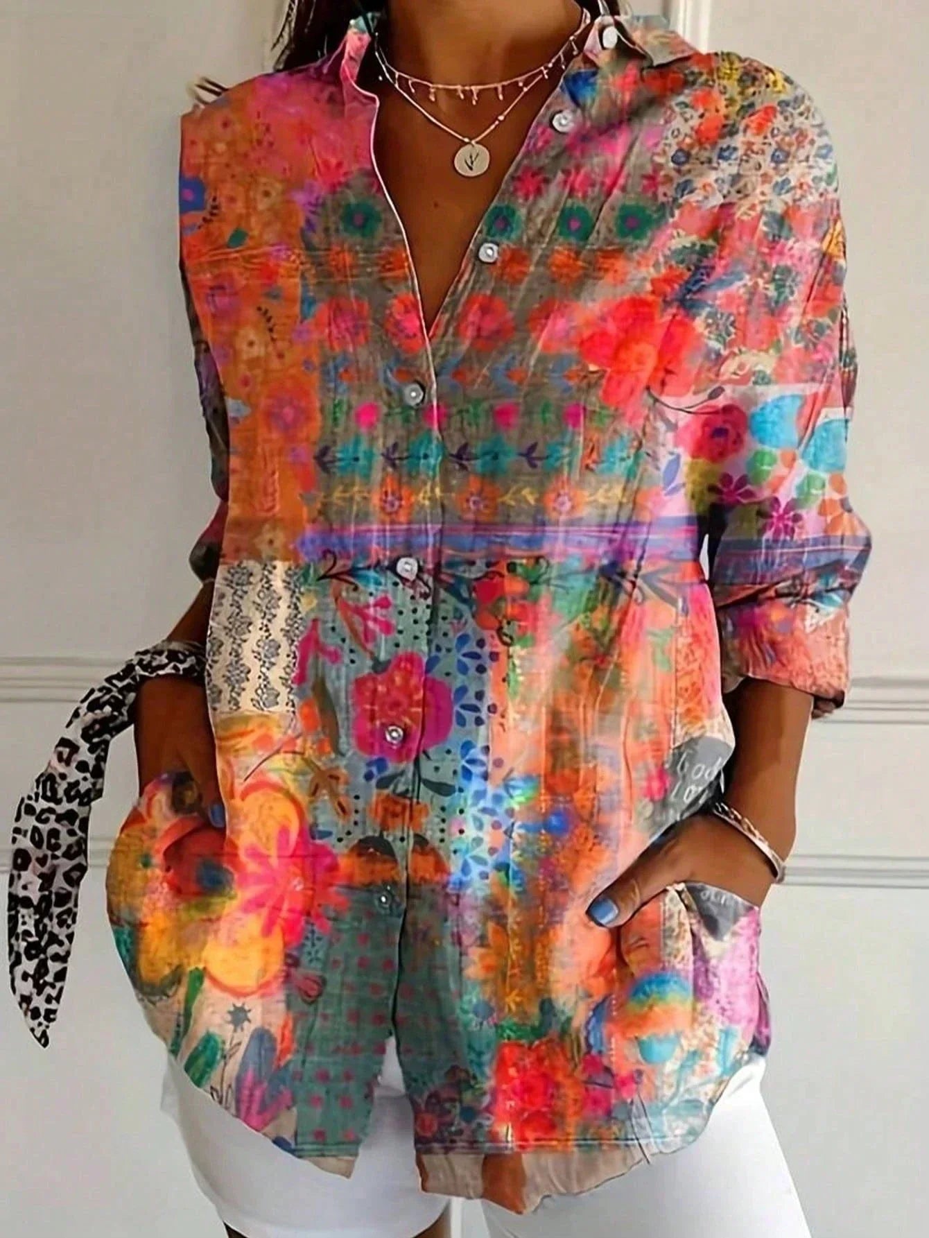 Blouse Dames Regular Fit Knoop Voorkant Bloemenprint Casual Zomer