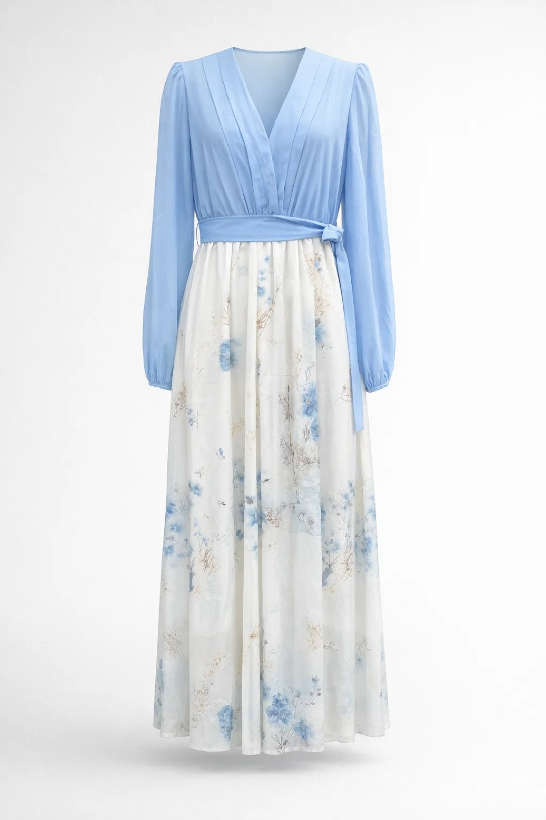 Rochie maxi cu flori damă, decolteu în V și mâneci lungi