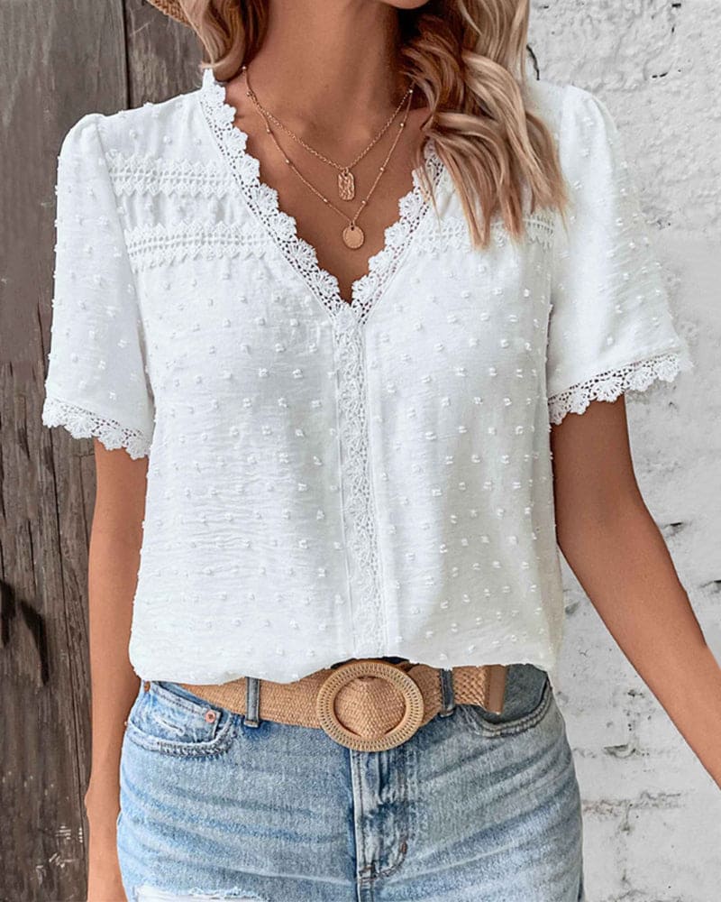 Blouse Dames Kant Korte Mouwen Losse Pasvorm