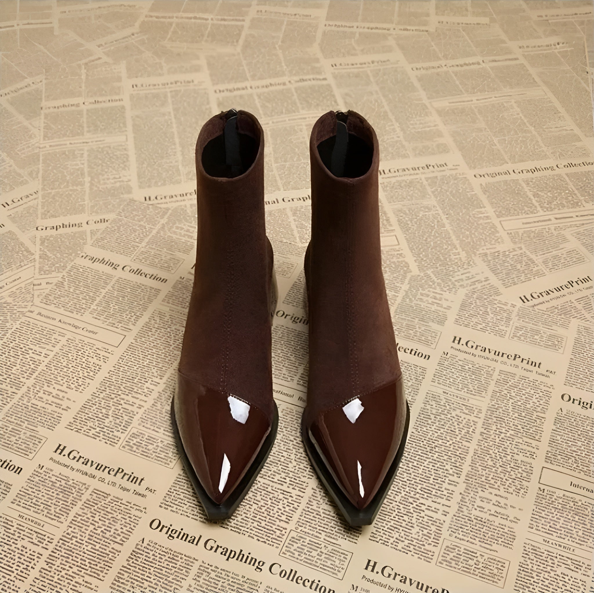 Botins Mulher Camurça Salto Bloco Detalhes Verniz Elegante