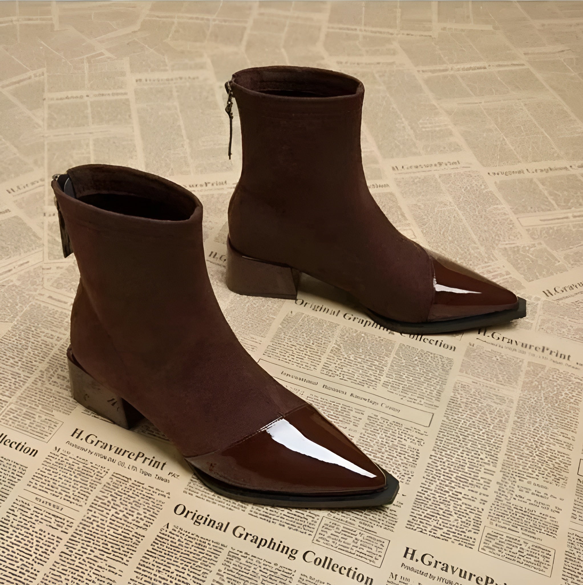 Botins Mulher Camurça Salto Bloco Detalhes Verniz Elegante