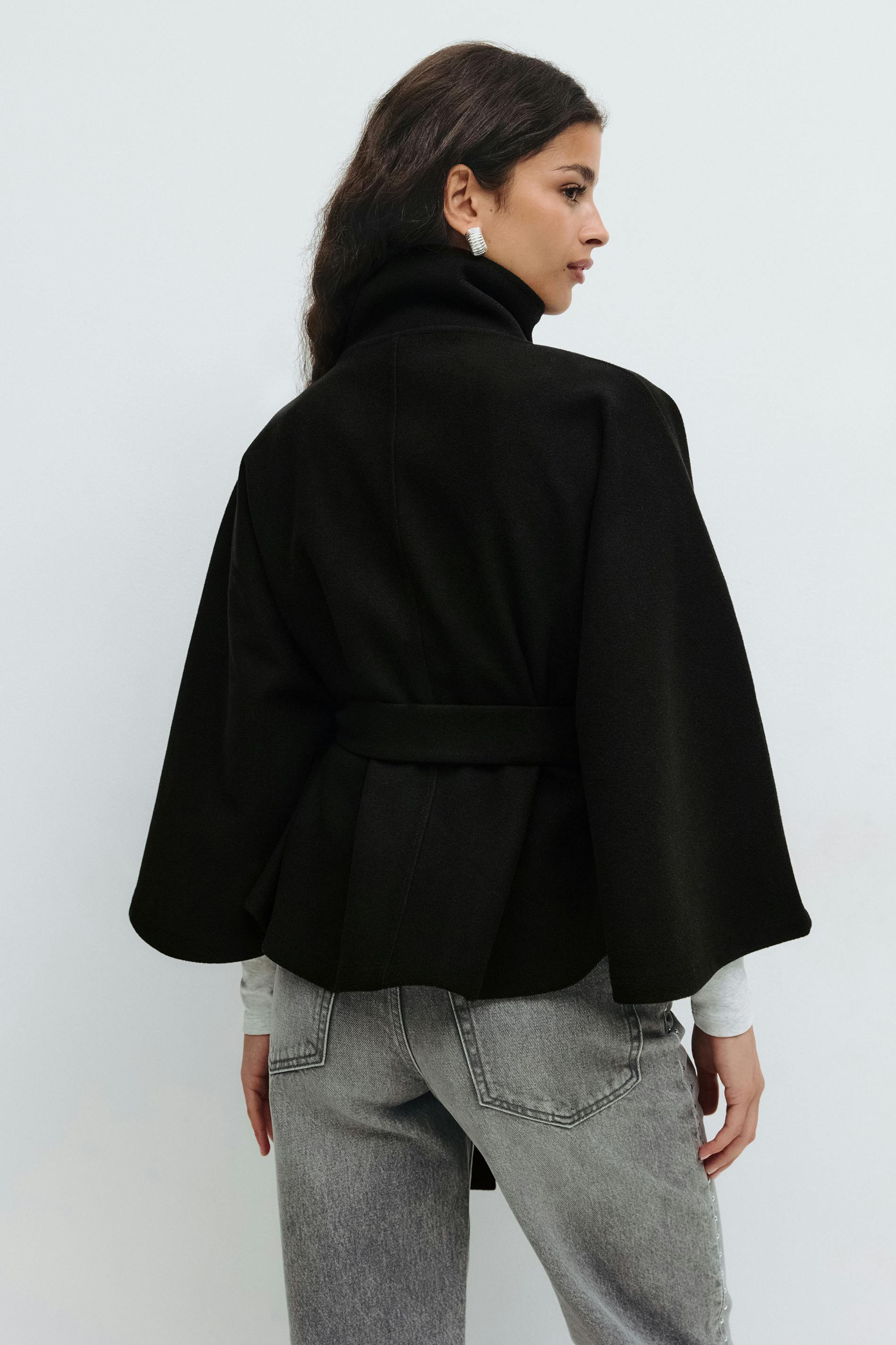 Capa abrigo para mujer corte regular cuello alto cinturón con lazo invierno