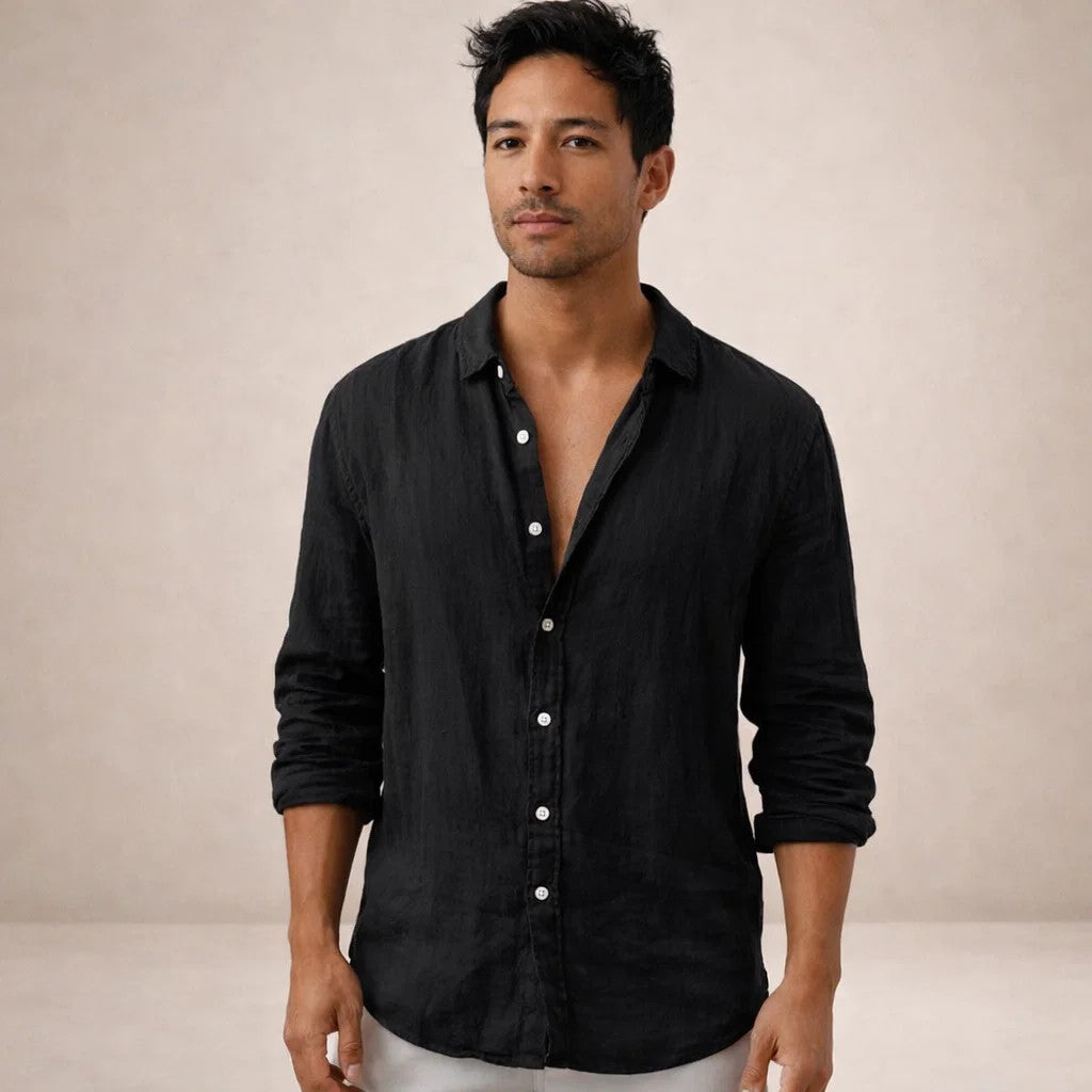 Camisa de lino para hombre corte regular tela fresca cuello abierto manga larga