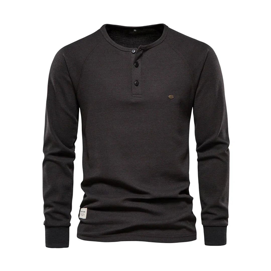Camisola Henley de homem com mangas compridas, botões, casual e básica para streetwear