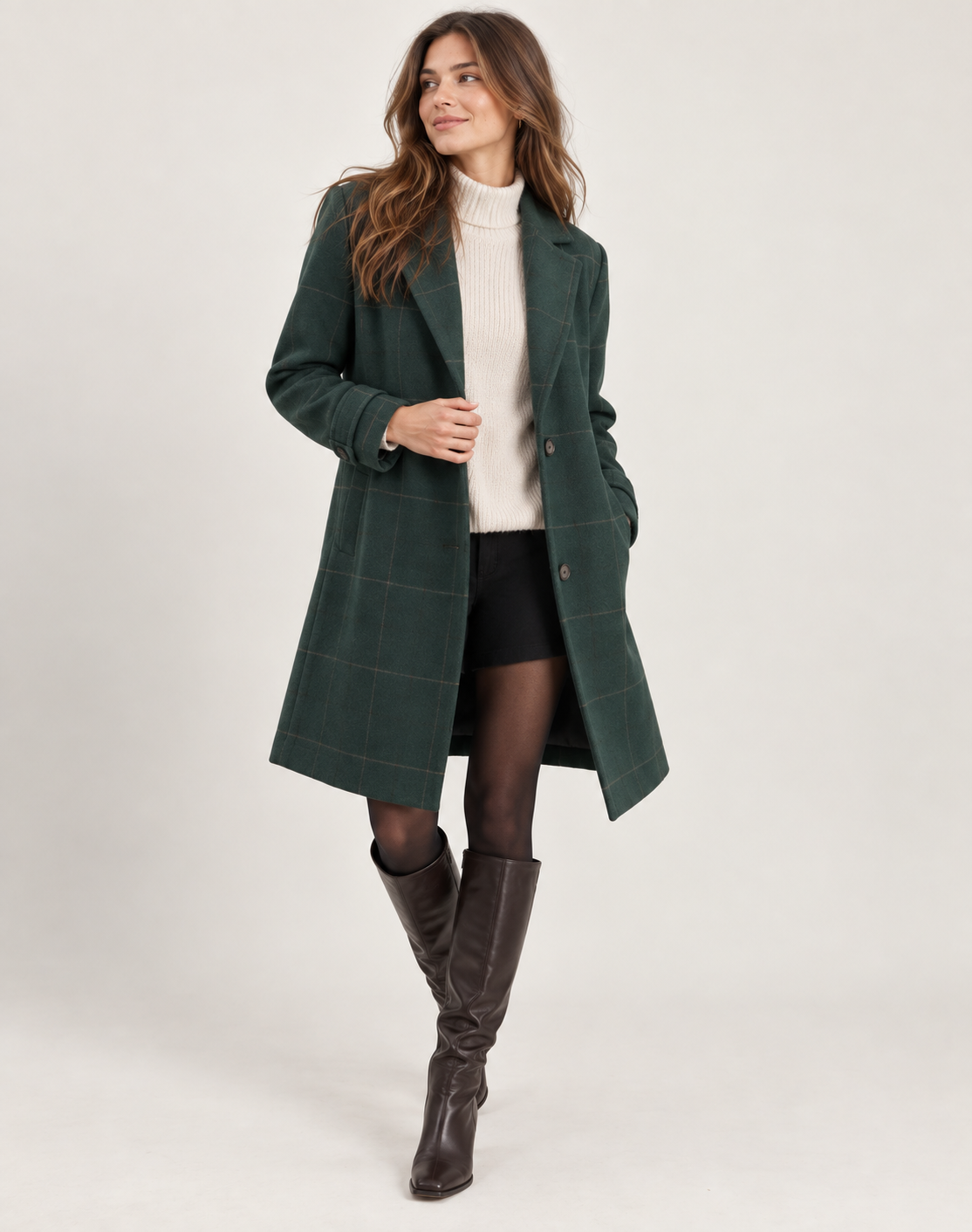 Manteau long pour femme à carreaux, coupe ajustée, fermeture boutonnée, hiver