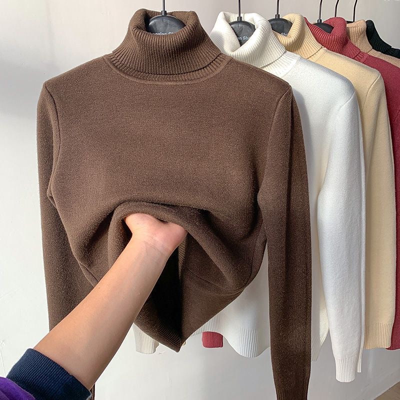 Jersey de punto fino para mujer con cuello alto y ribetes elásticos