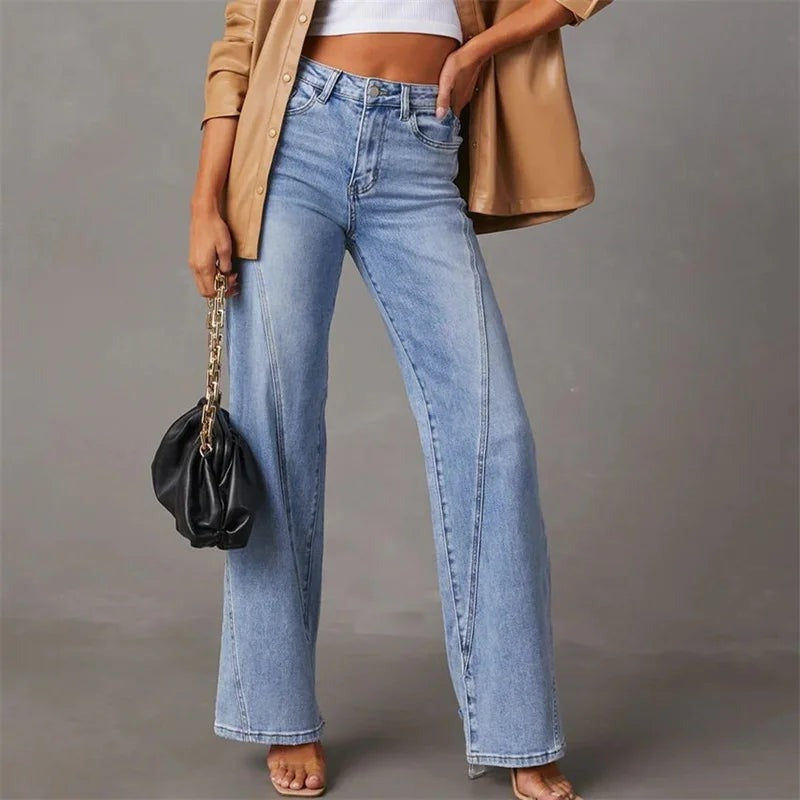Jeans de pernas largas para senhora com cintura alta e corte ajustado