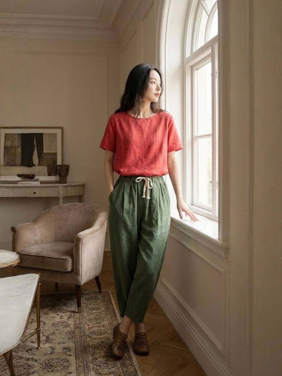 Dame Bukser Slim Fit Snøre Talje Casual Sommer