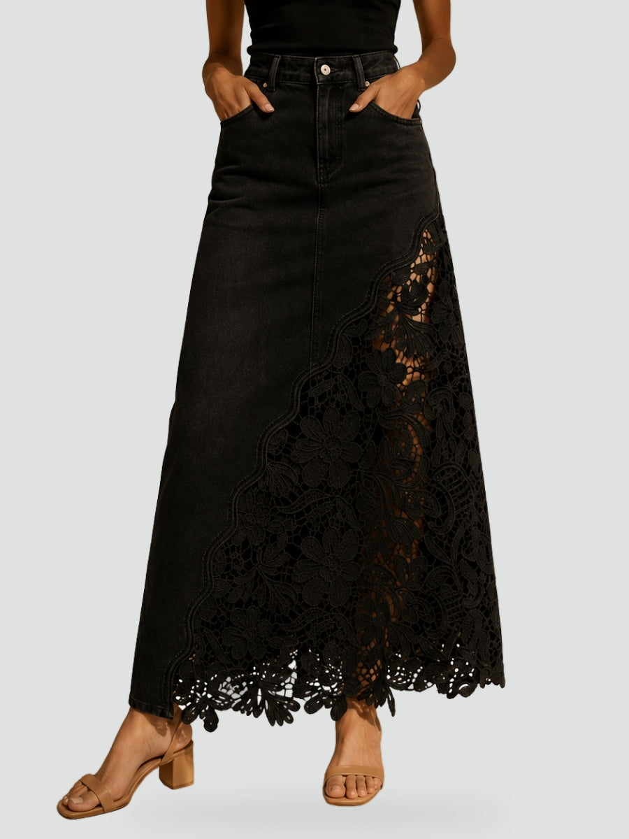 Dames Elegante Denim Maxi Rok met Kanten Paneel en Hoge Taille