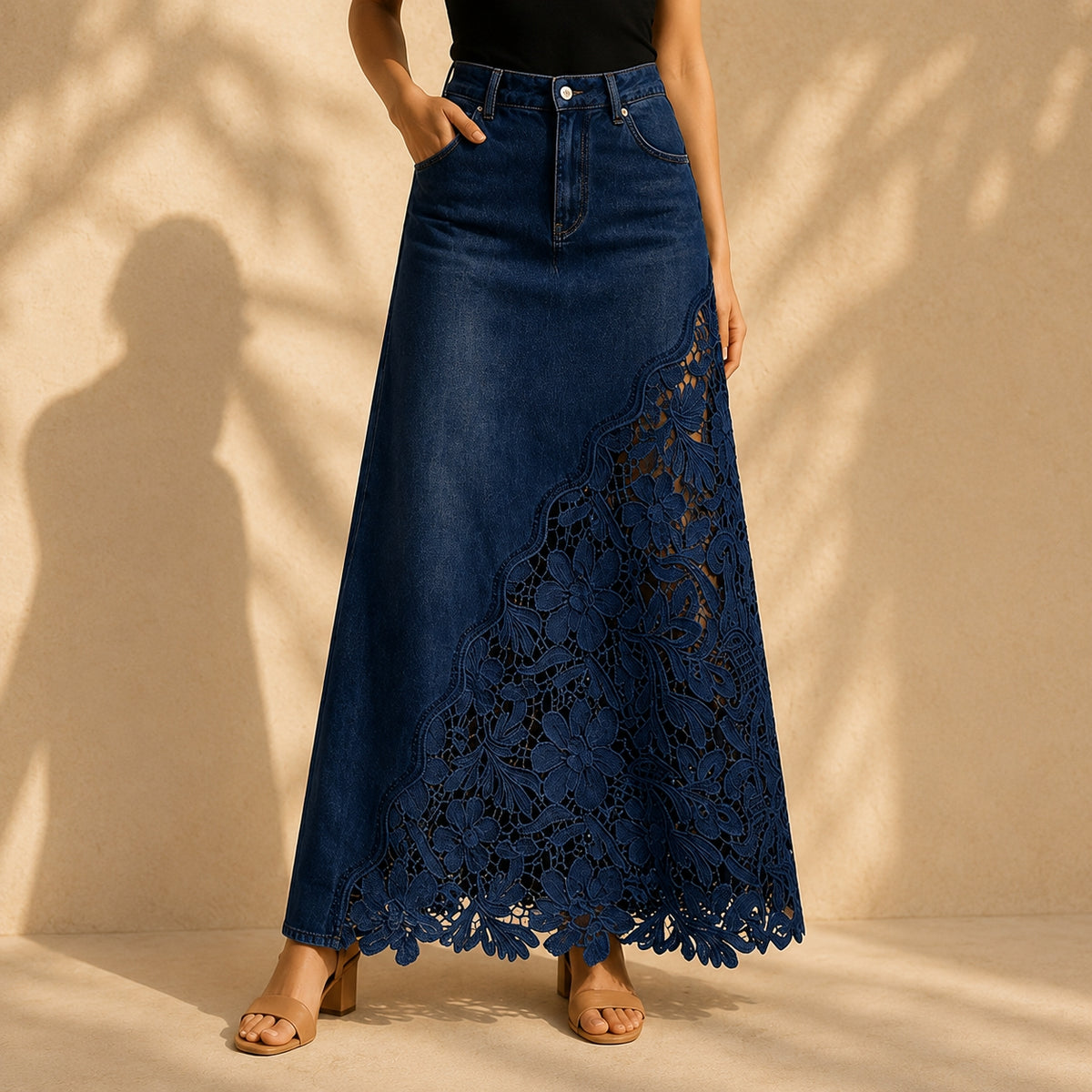 Dames Elegante Denim Maxi Rok met Kanten Paneel en Hoge Taille