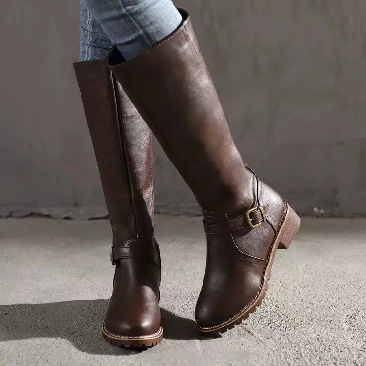 Leather Women's Boots with Tall Shaft, Buckles, and Block Heel