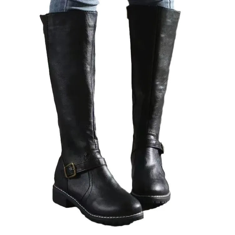 Leather Women's Boots with Tall Shaft, Buckles, and Block Heel