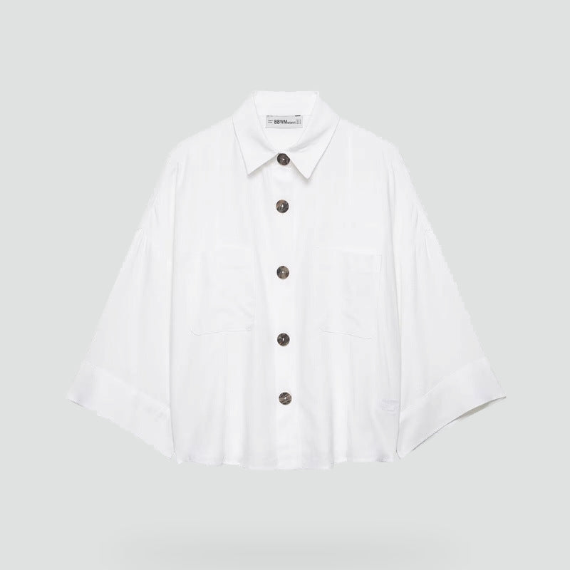 Dames Nonchalant Shirtjack met Kimonomouwen en Opgestikte Zakken