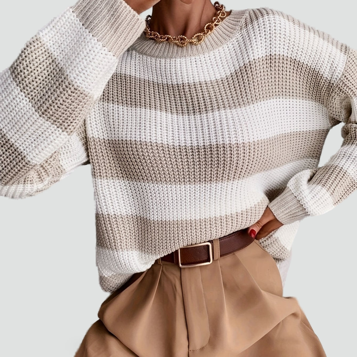 Dames Oversized Gestreepte Trui met Ronde Hals en Drop Shoulder
