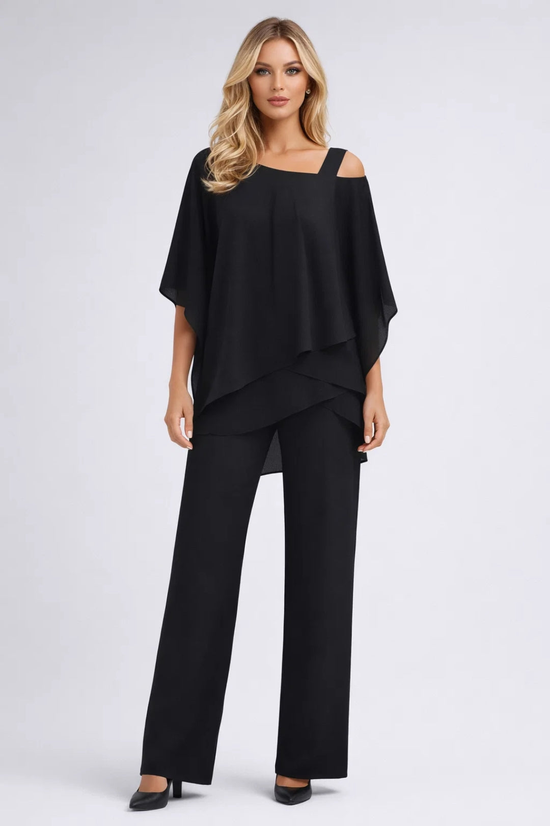 Set damă top larg pantaloni drepți festiv elegant