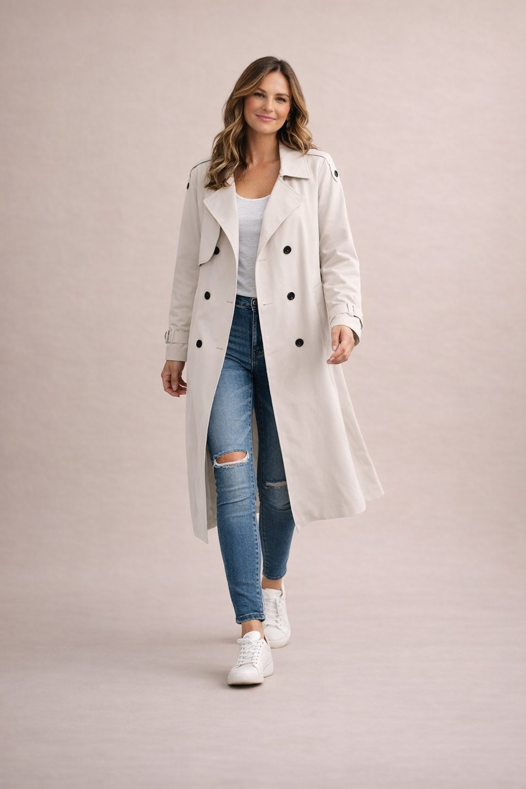 Trench-coat Femme Fermeture Double Rangée Avec Ceinture Décontracté Formel