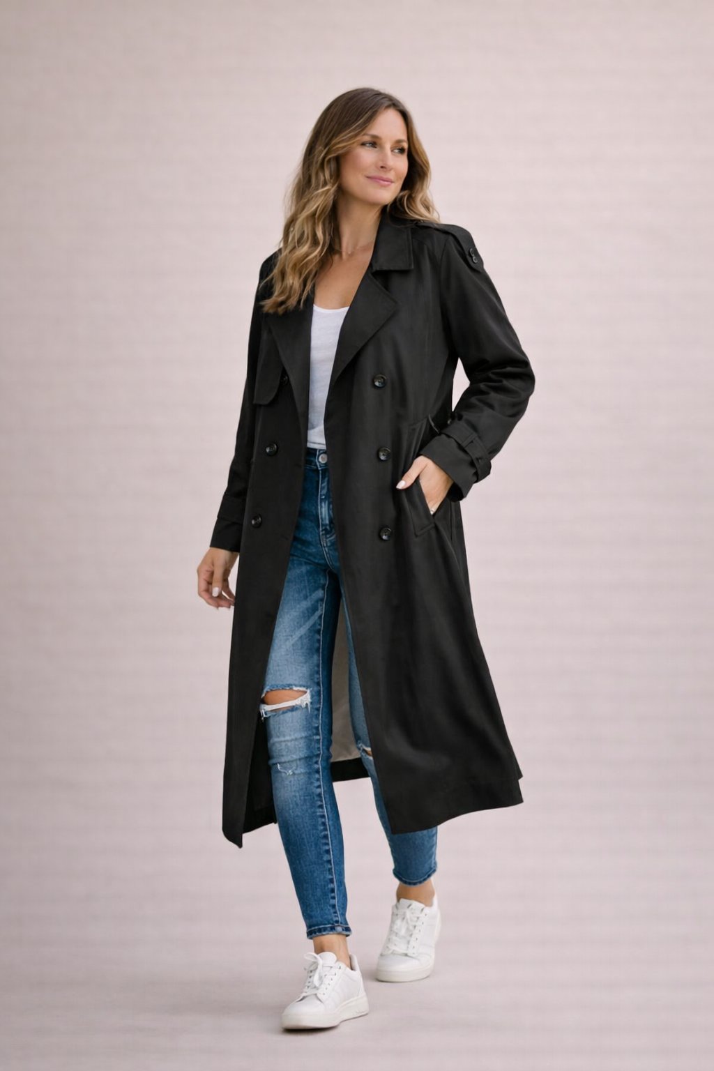 Trench-coat Femme Fermeture Double Rangée Avec Ceinture Décontracté Formel