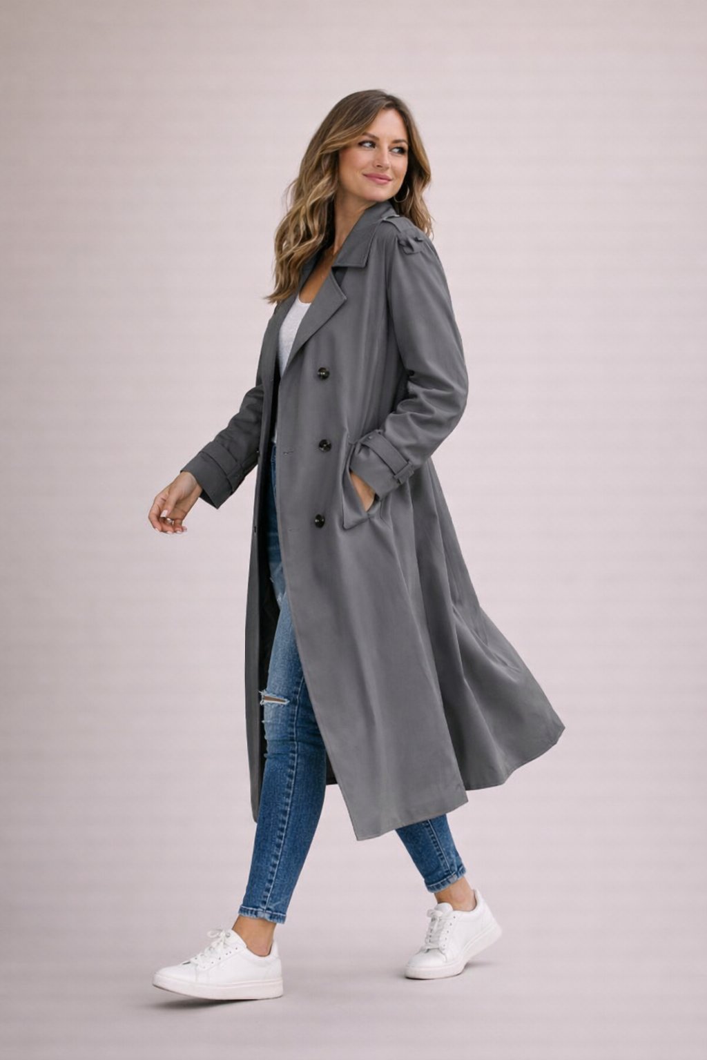 Trench-coat Femme Fermeture Double Rangée Avec Ceinture Décontracté Formel