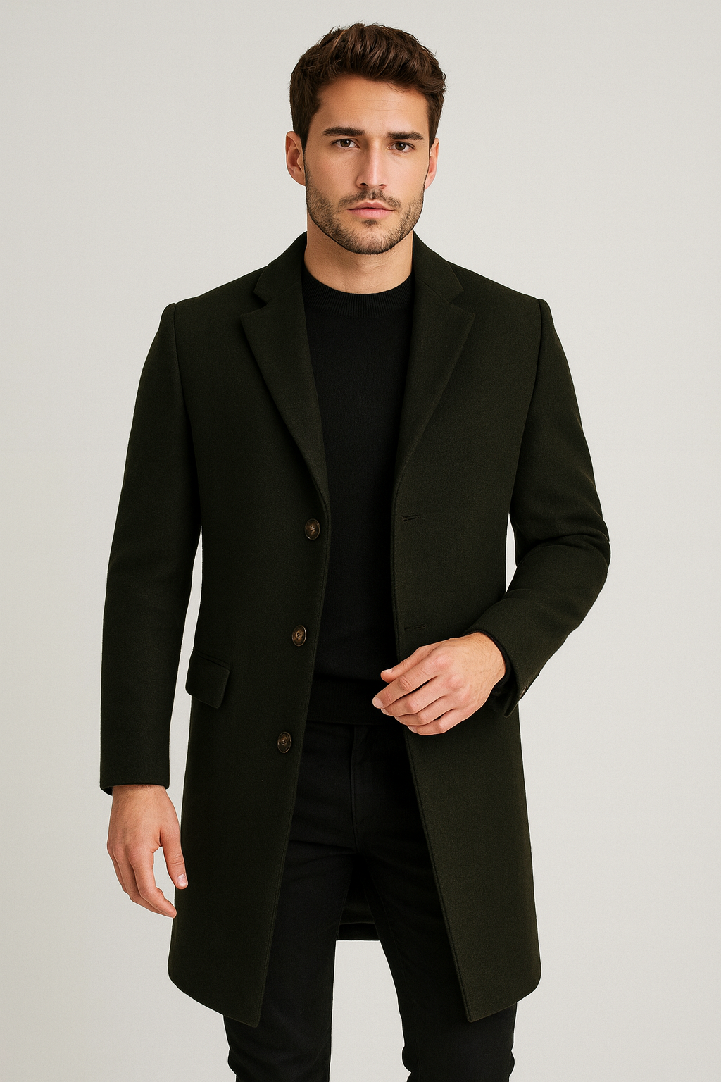 Elegante cappotto lungo da uomo con colletto classico e chiusura con bottoni
