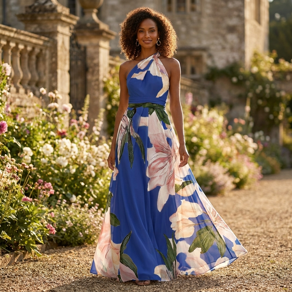 Maxi φόρεμα γυναικείο Regular Fit, ασύμμετρη λαιμόκοψη, casual καλοκαιρινό
