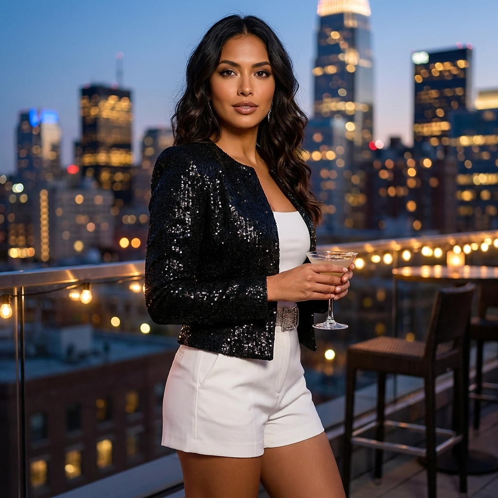 Blazer corto de lentejuelas para mujer con parte delantera abierta