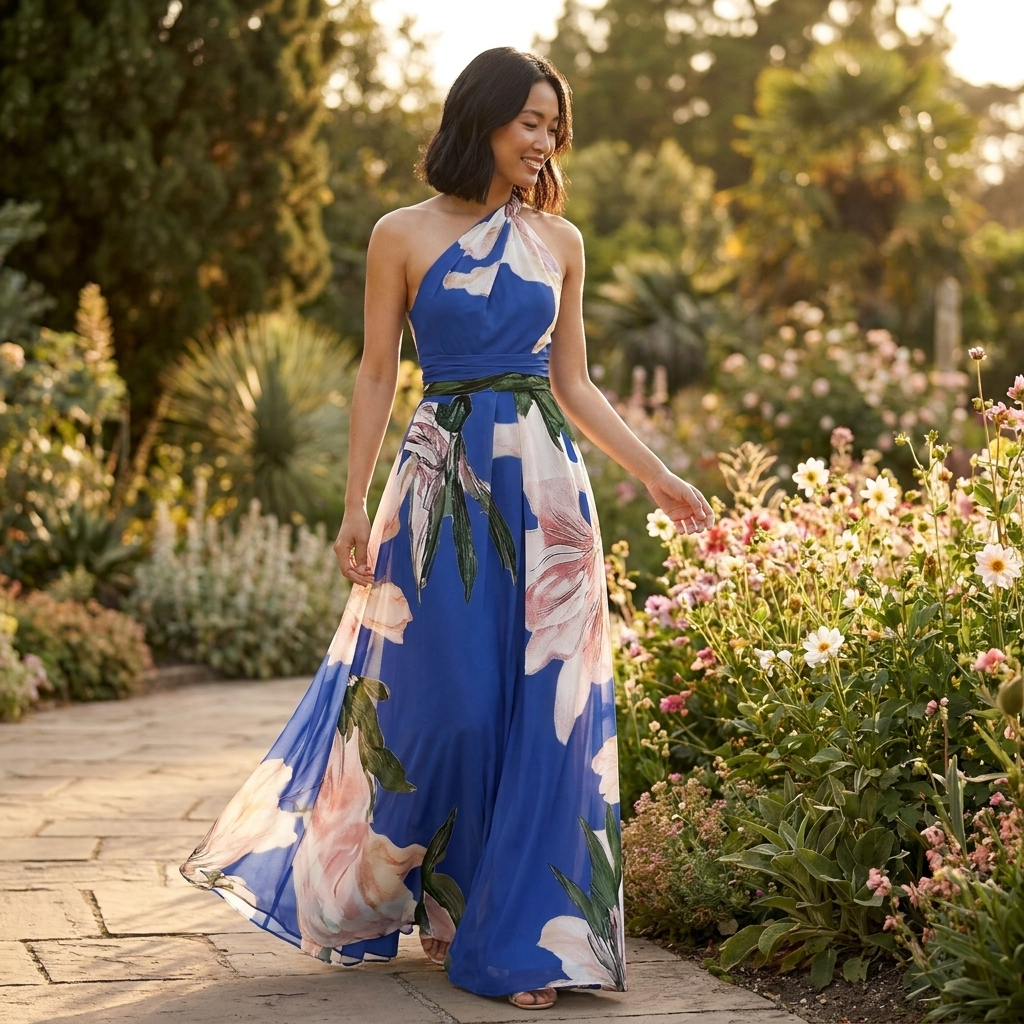 Maxi φόρεμα γυναικείο Regular Fit, ασύμμετρη λαιμόκοψη, casual καλοκαιρινό
