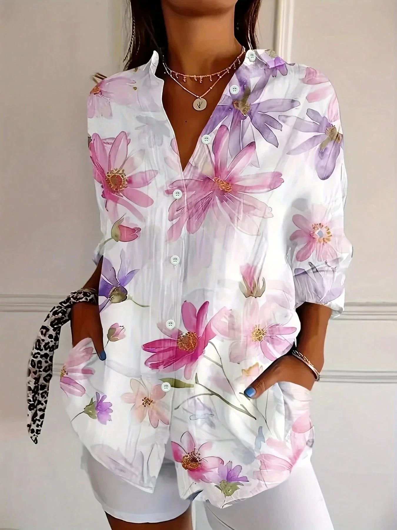 Blusa Mujer Corte Regular Botones Delanteros Estampado Floral Casual Verano