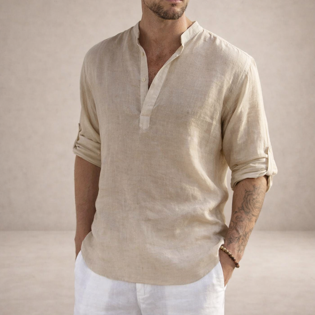 Chemise en lin homme coupe régulière respirante col montant manches longues