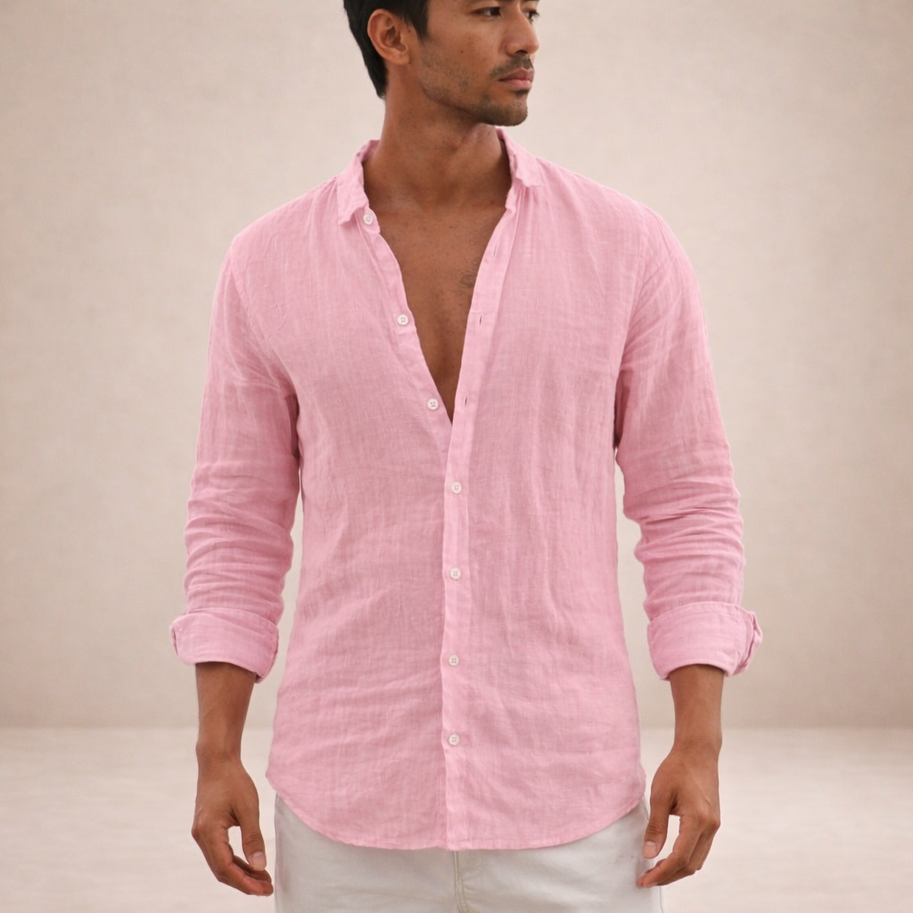 Camisa de lino para hombre corte regular tela fresca cuello abierto manga larga