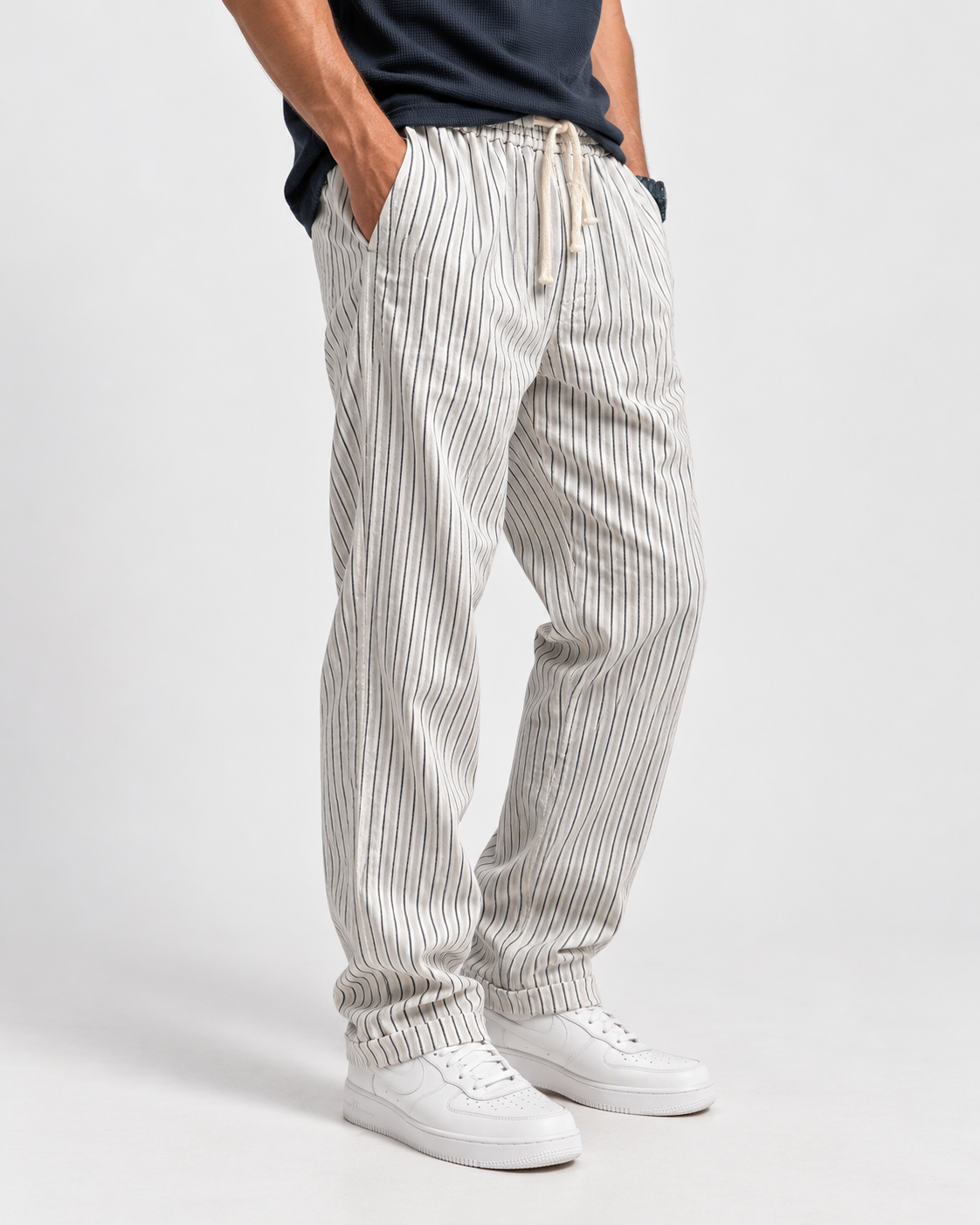 Linnen Katoen Broek Heren Pinstripe Drawstring Casual Zomer