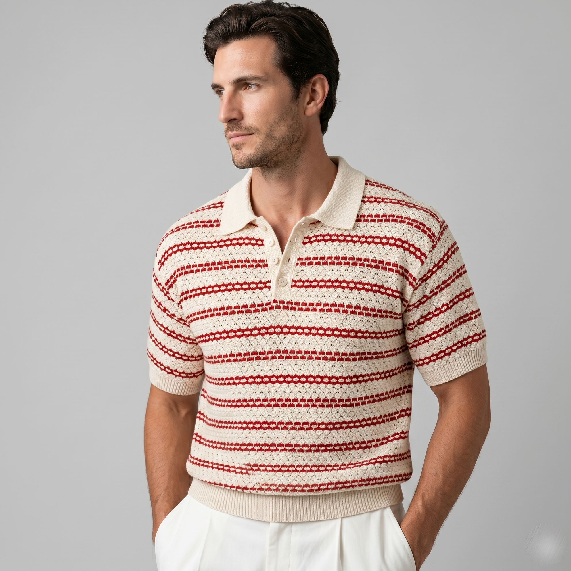 Strikket Polo Shirt Herre Skræddersyet Fit Lange Ærmer Casual