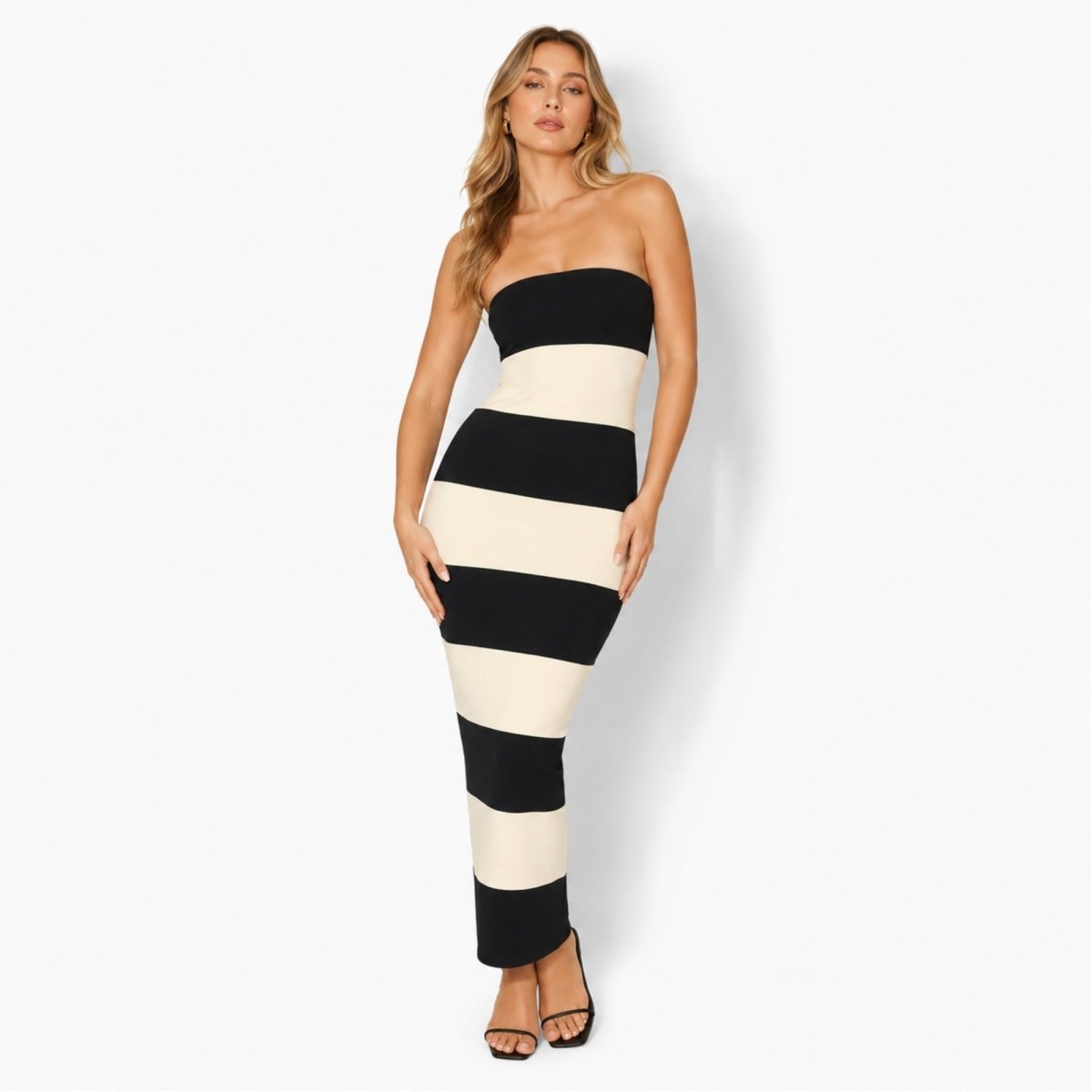 strapless black and white striped dress Maxi Women Cream Product ID:344121 Effortlessly Chic Petite Dresses For Women Size:16 - L