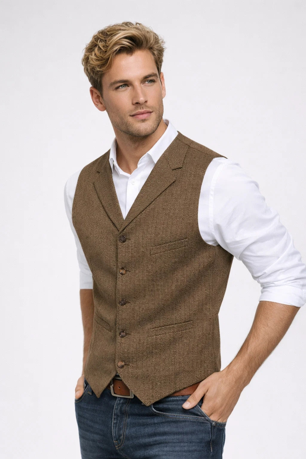 Gilet Heren Slim Fit Formeel Klassiek Knoopsluiting Revers