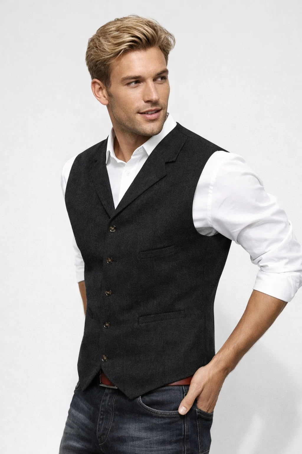 Gilet Heren Slim Fit Formeel Klassiek Knoopsluiting Revers
