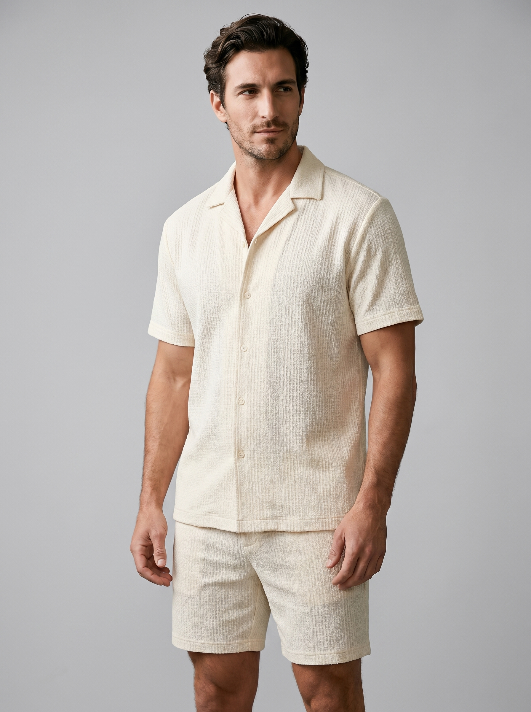 Herenpak Camp Shirt Shorts Jacquard Wave Zomer