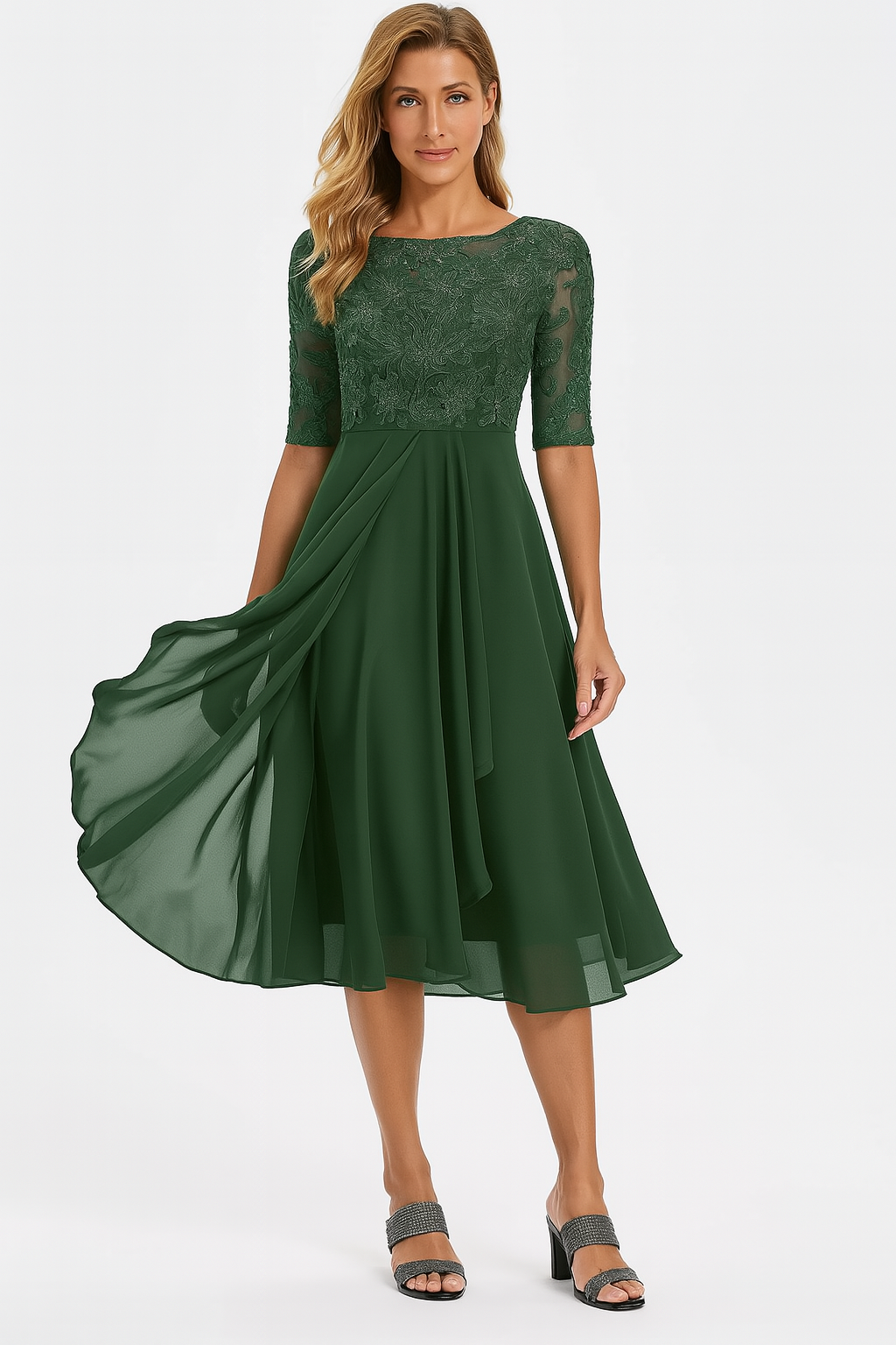 Vestido para mujer línea A, mangas cortas, altura a la rodilla, encaje