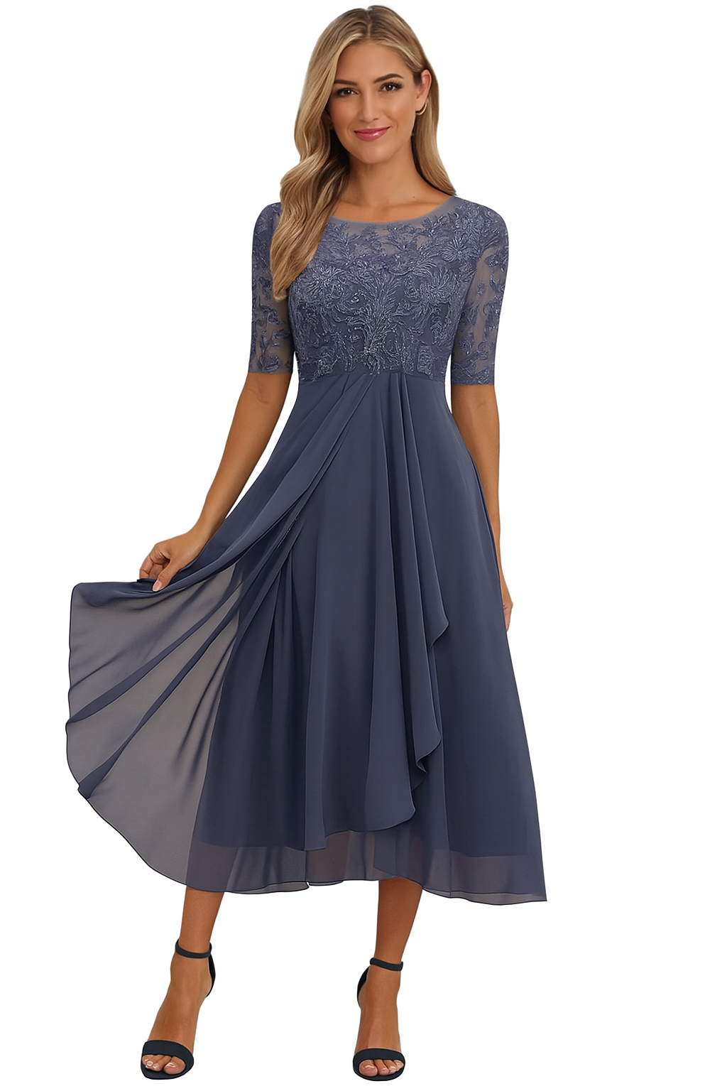 Vestido para mujer línea A, mangas cortas, altura a la rodilla, encaje