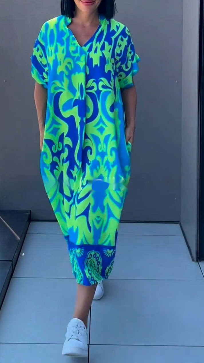 Vestido kaftán largo para mujer, escote en V, estampado, suelto